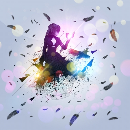 Illustration of a 3d girl in black dress with raven grunge background.の写真素材