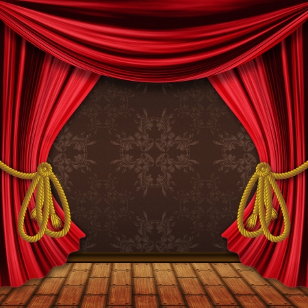 Opened red theater drapes, curtains with wood floor background.の写真素材