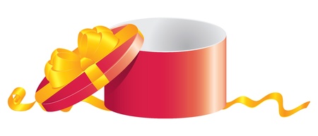 Opened round red gift box with golden bow on white background.のイラスト素材