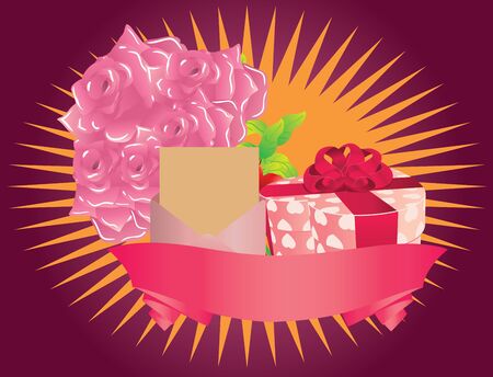 Illustration of gift box, pink roses, letter and ribbon on colorful background のイラスト素材