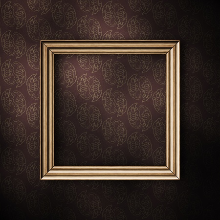 Vintage wooden picture frame on retro wallpaper background.の写真素材