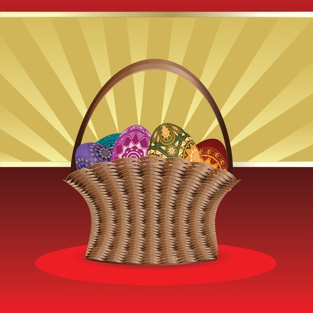 Beautiful easter card with woven basket of colorful eggs.のイラスト素材