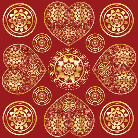 Illustration of abstract golden ornament with hearts on red background.のイラスト素材