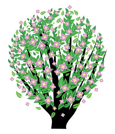 Abstract bush silhouette with green leaves and pink blossom.のイラスト素材