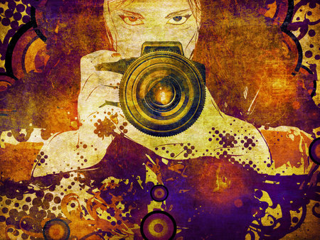 Girl photographer with camera in hands on abstract grunge background.