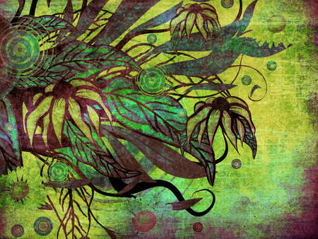 Floral ornament with flowers and green leaves grunge background.の写真素材