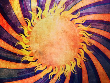 Vintage grunge background with abstract sun and ornage rays.の写真素材