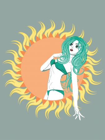 Abstract green bikini girl with long wavy hair and big sun.のイラスト素材
