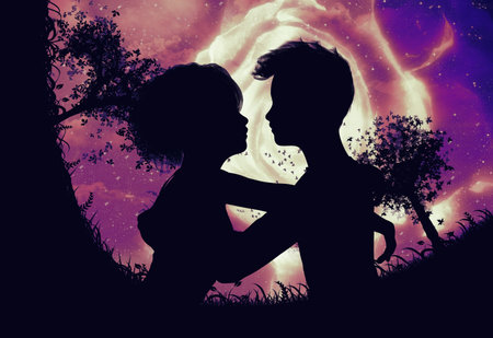 Rose in the sky and couple silhouette abstract background.の写真素材