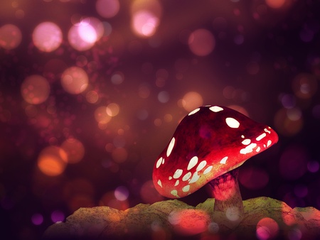 Big mushroom on glowing purple fantasy bokeh background.の写真素材