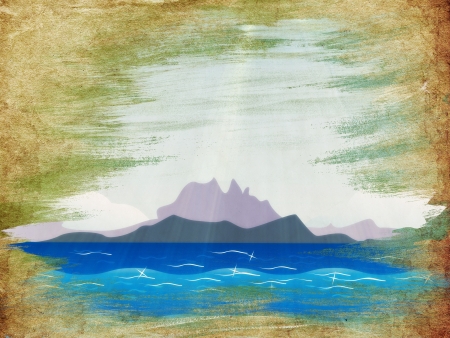 Small tropical islands in the ocean over blue sky on grunge background.の写真素材