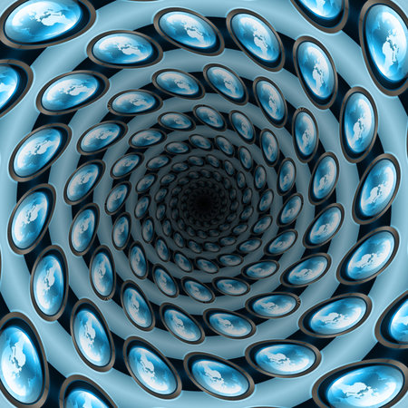 Abstract blue earth button fading in tunnel, kaleidoscope background.