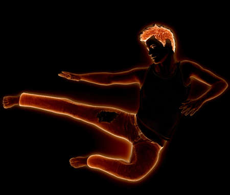 Abstract glowing man jump over black background.の写真素材