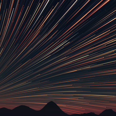 Abstract background with star trails in the night sky and rocks silhouettes.