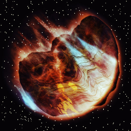 Big burning abstract asteroid flying through the space.