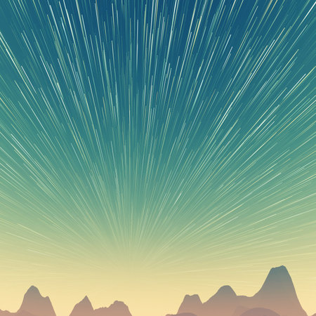 Abstract background with star trails in the night sky and rocks silhouettes.
