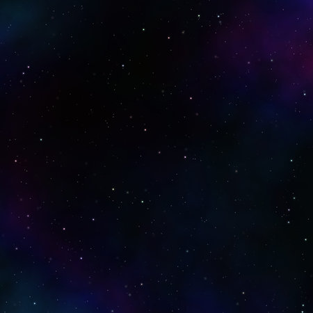 Deep space background with stars and purple clouds.
