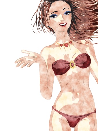 Abstract shopping girl in bikini in digital watercolor style picture.の写真素材