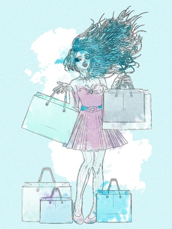 Abstract shopping girl with bags in digital watercolor style picture.の写真素材
