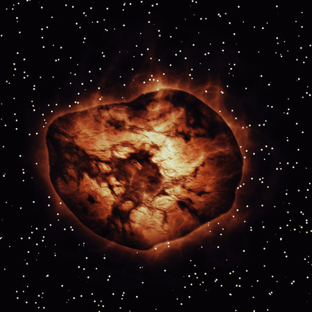 Big burning abstract asteroid flying through the space.