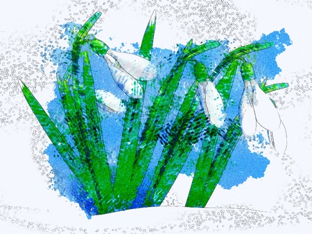 Abstract spring background with snowdrops, digital watercolor effect.の写真素材