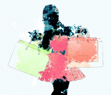 Black silhouette of a shopping woman in red dress with watercolor effect.の写真素材