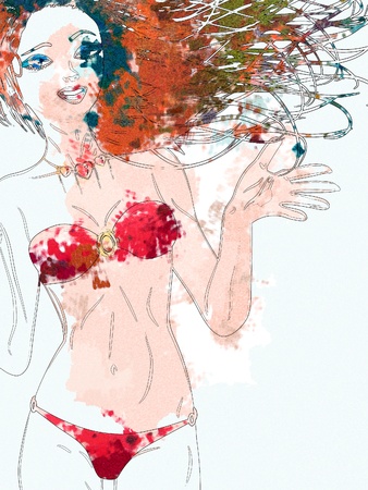 Abstract shopping girl in bikini in digital watercolor style picture.の写真素材
