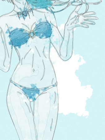 Abstract shopping girl in bikini in digital watercolor style picture.の写真素材