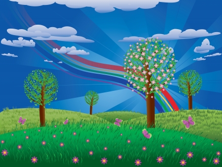 Fantasy landscape with blooming tree, flowers on grass field and colorful butterflies.のイラスト素材