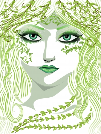 Beauty woman face with long hair and fresh green leaves.のイラスト素材