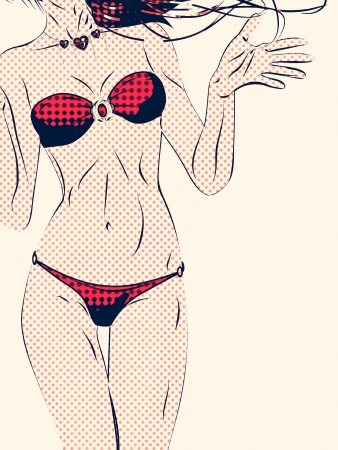 Background of a girl in red bikini, retro halftone effect.の写真素材