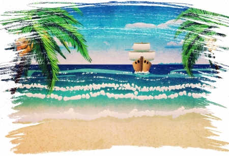 Tropical background with a palms on beach and sailboat.の写真素材