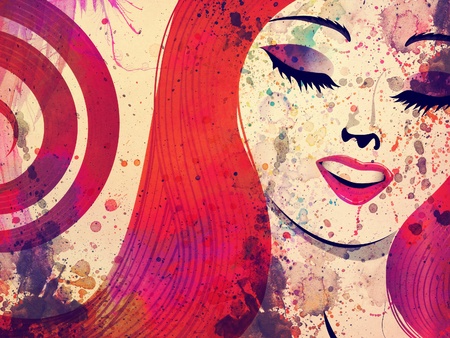 Grunge portrait of an abstract girl with red hair and closed eyes background.の写真素材