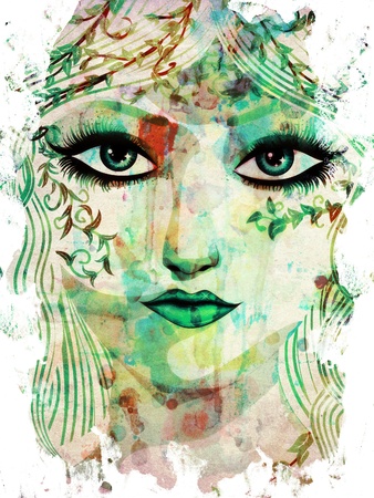 Beauty woman face with long hair and fresh green leaves.の写真素材