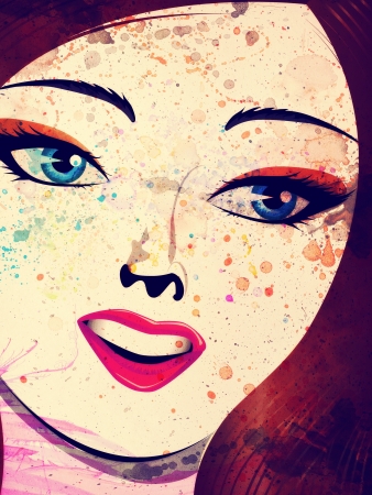 Grunge portrait of an abstract girl with brown hair and blue eyes background.の写真素材