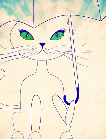 Cartoon cat with green eyes holding umbrella, illustration in black and white colors.の写真素材