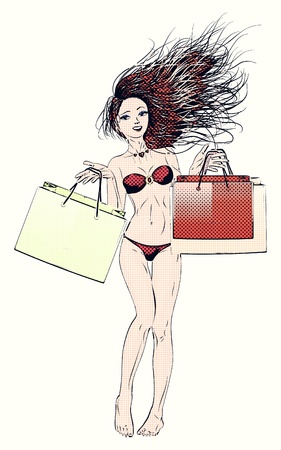 Girl in red bikini with shopping bags, retro halftone effect.の写真素材