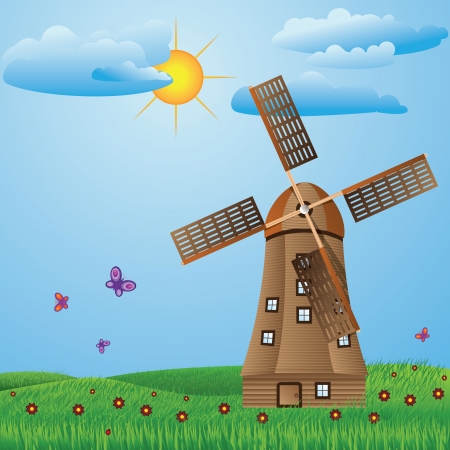 Green meadow with old windmill, clouds, flowers and butterflies.のイラスト素材