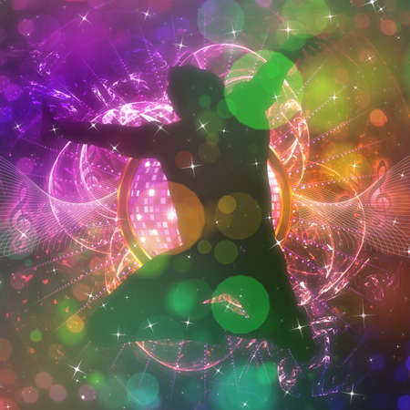 Abstract glowing party background with 3d male dancer.の写真素材