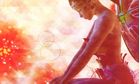 Cute fairy on grunge background with abstract flowers.の写真素材