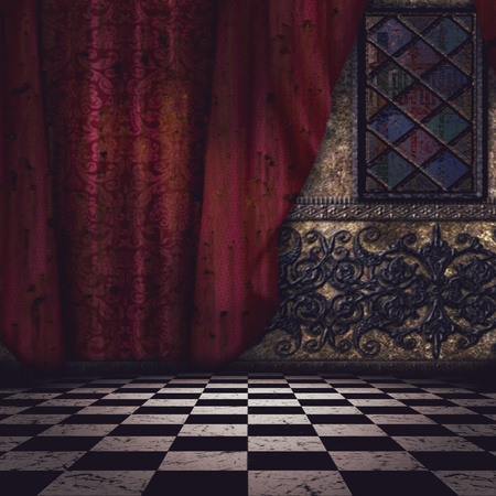 Gothic room interior with checkered floor and red curtain.の写真素材