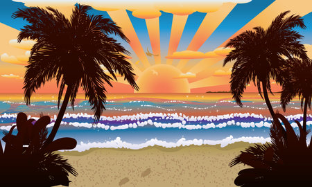 Tropical beach with palm trees at sunset or sunrise time.のイラスト素材