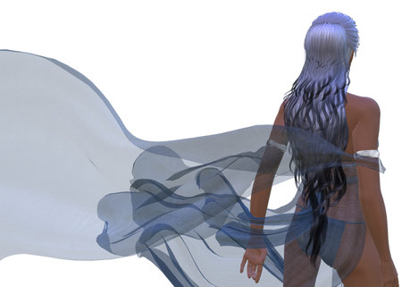 Digitally rendered image of a woman in fluttering dress on white background.の写真素材