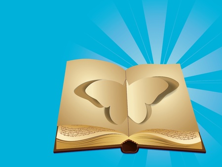 Old opened book with cut out butterfly on blue background.のイラスト素材