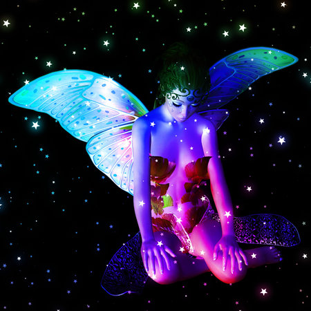 Colorful illustration with fairy and stars on black background.の写真素材