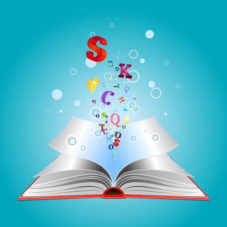 Opened book with colorful letters bursting out of it.のイラスト素材