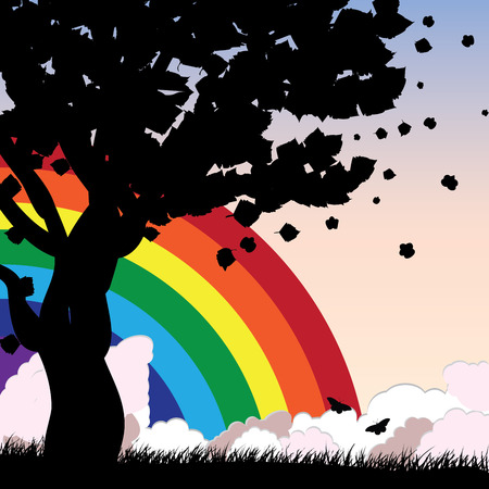 Silhouette of a tree over background with rainbow and clouds.のイラスト素材