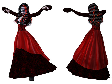 Digitally rendered illustration of a gothic girl in old style red dress on white background.の写真素材