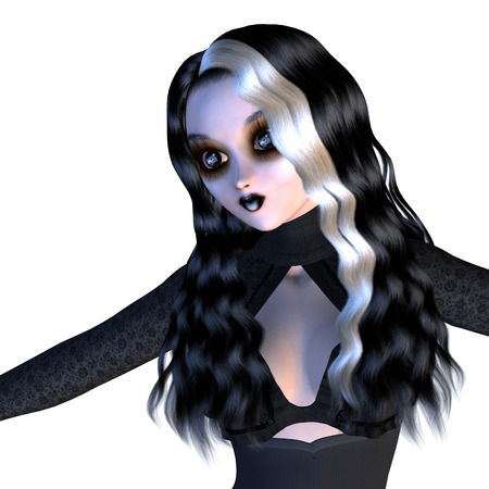 Digitally rendered image of a gothic girl in black dress on white background.の写真素材