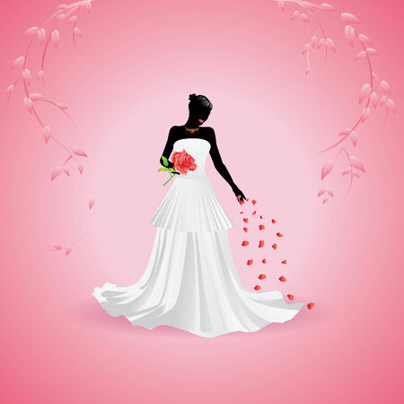 Silhouette of a bride holding big red rose on pink background.のイラスト素材